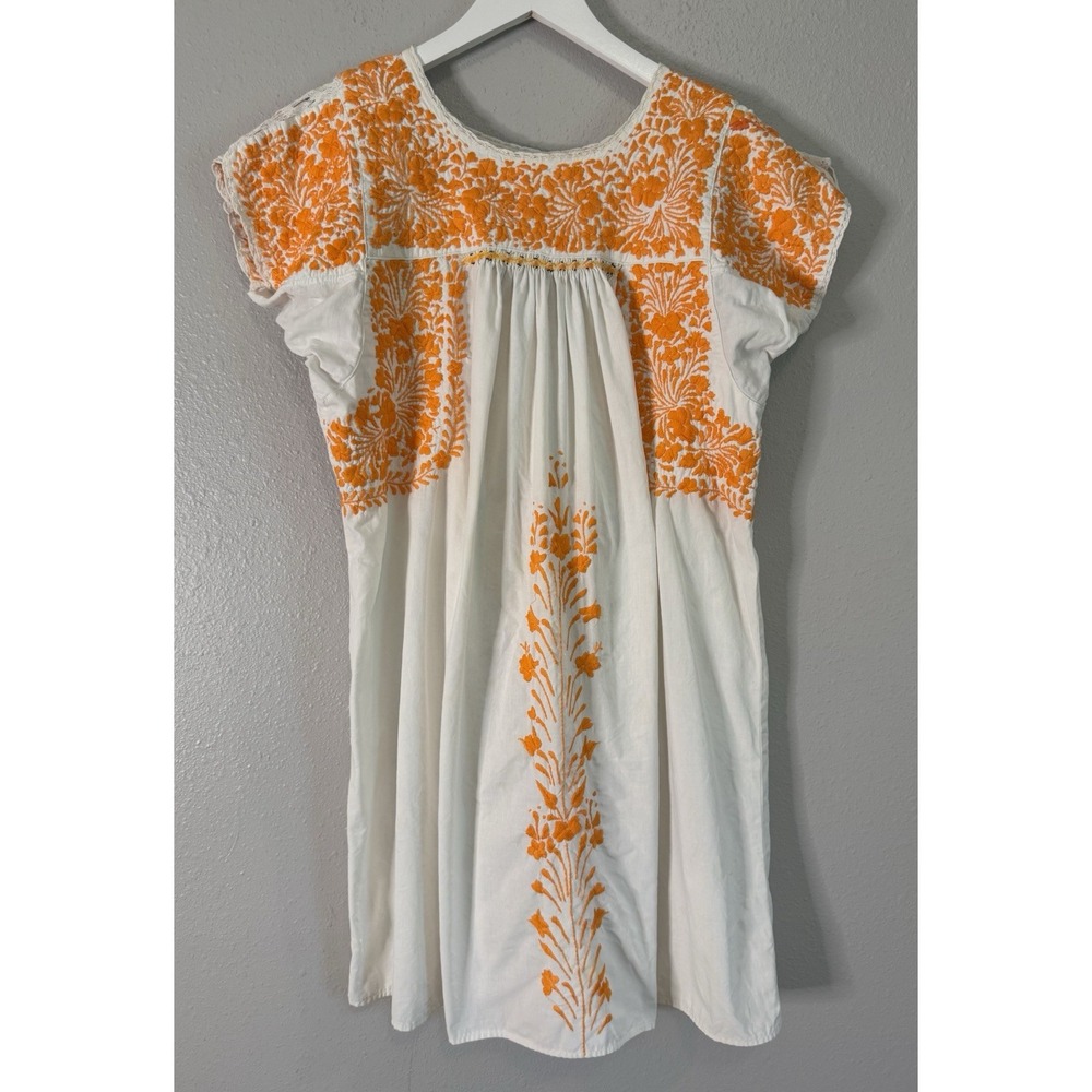 Vintage 70s Telamex Mexican Embroidered Cotton Mini Dress White Orange Boho Folk
